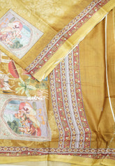 Premium printed silk mugal painting prints Elephants - Golden yellow